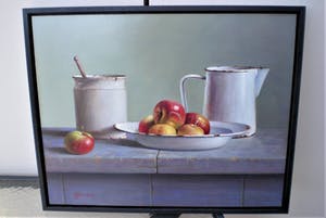 Hans Habraken - Stilleven Oude kan potje en schaal appels kopen? Bied vanaf 695!