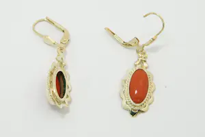 11- Elegant paar 14krt gouden oorhangers met ovalen bloedkoraal stenen kopen? Bied vanaf 170!