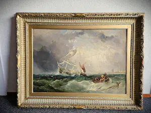 Niet of onleesbaar gesigneerd - Groot 18e eeuws marine olieverf "schipbreuk voor Hollandse kust" met monogram kopen? Bied vanaf 70!
