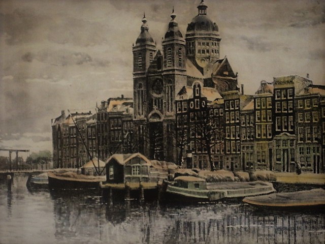 Niet of onleesbaar gesigneerd - Grote kleurenets "Amsterdam Prins Hendrikkade en Nicolaaskerk" kopen? Bied vanaf 1!