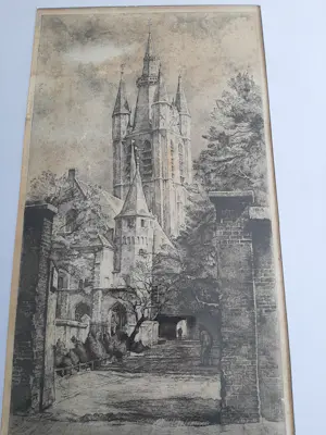 Willem Gerard Hofker - Ets, Prinsenhof en Oude Kerk te Delft kopen? Bied vanaf 35!