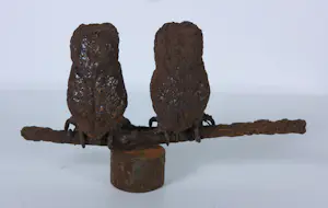 Paul Beckers - Drie sculpturen van ijzer en terracotta, Vogels (Ibis, Oehoe en uiltjes) + boek! kopen? Bied vanaf 80!