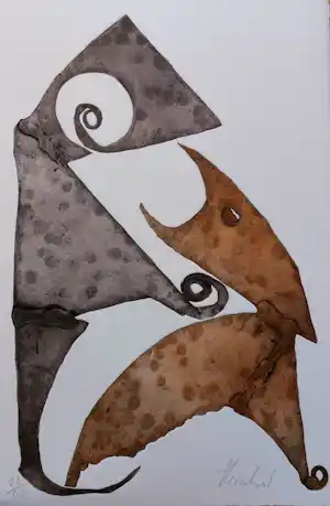 Reinhoud D'Haese - kleurenets - Titel: Wat zij zei - oplage 40 stuks - CoBrA - ingelijst verkocht voor € 140!