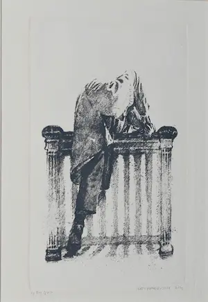 Hans Leyerzapf - Man klimt over een balustrade - ets kopen? Bied vanaf 75!