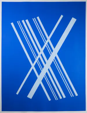 Willem Hussem - Zeefdruk, Compositie met gekruiste lijnen in blauw - Ingelijst kopen? Bied vanaf 140!