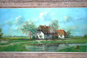 Albert Torringa - Boerderij met bloeiende bomen - Heijdenrijk toplijst - groot schilderij verkocht voor € 43!