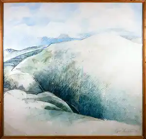 Gijs Stuyling - Gemengde techniek op geschept papier, Duinlandschap - Ingelijst (Zeer groot) verkocht voor € 60!