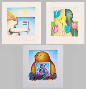 Jörg Remé - Drie zeefdrukken (Figuur met vlag, tulpen, molen) | GRATIS VERZENDING kopen? Bied vanaf 45!