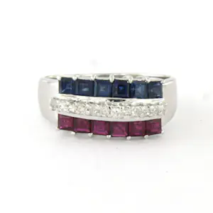 18k gouden ring met saffier, robijn en single cut geslepen diamant tot. 0.15ct kopen? Bied vanaf 660!