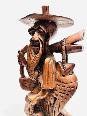 Onbekend - Handgesneden houten visser met vis kopen? Bied vanaf 20!