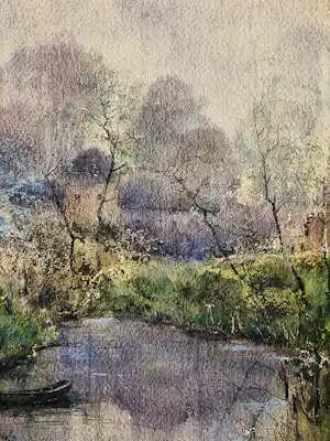 Paul Themon - 19e eeuwse Belgische Aquarel "afgemeerde boot in landschap" gesigneerd verkocht voor € 41!
