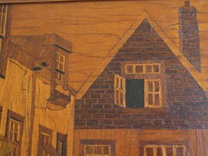 Curiosa - Houtsnijwerk / mozaïek , Stadsgezicht – ingelijst - oud kopen? Bied vanaf 1!