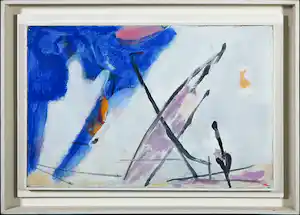 Klaas Boonstra - Olieverf op board, Abstracte voorstelling met blauw en paars - Ingelijst verkocht voor € 100!