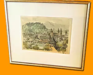 Hans Figura - Farbradierung auf Seide "Salzburg" im Rahmen (27 x 30 cm) sehr guter Zustand kopen? Bied vanaf 70!