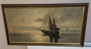 Onbekend - Hollands Zeegezicht met Vissersboten en Molen kopen? Bied vanaf 80!