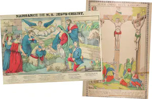 Niet of onleesbaar gesigneerd - Lot van twee handgekleurde litho's, Naissance de N.S. Jesus-Christ en Jesus entre deux Larrons kopen? Bied vanaf 1!