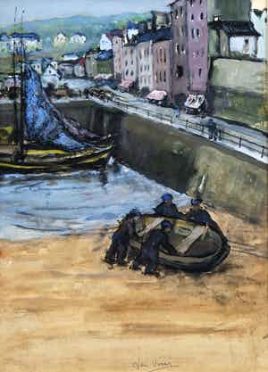Jan Visser - gouache - stadsgezicht met haventje verkocht voor € 75!