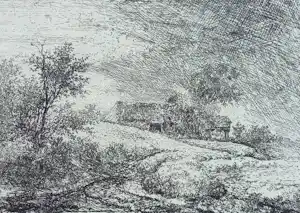 Jacob van Ruisdael - Landschap met hut op palen, ets kopen? Bied vanaf 45!
