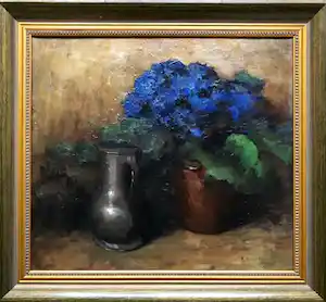 Hendrik Cornelis van de Mourik - Stilleven met Tinnen Kan en Hortensia’s - Olieverf verkocht voor € 395!