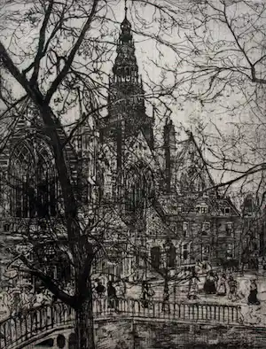 Pieter Dupont - ets: oude kerkplein, Amsterdam - 1895 + certificaat kunsthandel Borzo verkocht voor € 125!