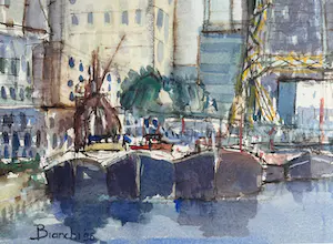 Frans Bianchi - Aquarel op papier | 'Leuvehaven Rotterdam' | 1995 (INGELIJST) kopen? Bied vanaf 450!