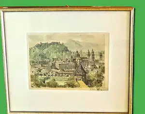 Hans Figura - Farbradierung auf Seide "Salzburg" im Rahmen (27 x 30 cm) sehr guter Zustand kopen? Bied vanaf 70!