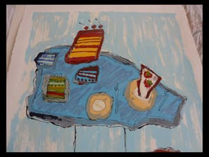 Geke uit de Bosch - Zeefdruk. Titel, "Blauwe taarten tafel". kopen? Bied vanaf 10!