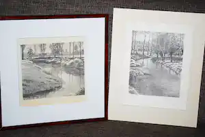 Ad van der Kop - Riviertjes bij Gulpen Limburg, winter - 2 litho's, in passepartout en lijst verkocht voor € 20!