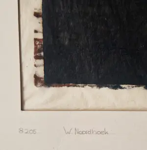 Wim Noordhoek - jaren 60 handgekleurde Linosnede "interieur met breiende vrouw" gesigneerd kopen? Bied vanaf 37!