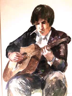 Henk Fonville - Gitarist - Aquarel, Ingelijst verkocht voor € 90!