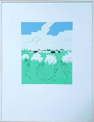 Hendrik Valk - Litho: Huizen in landschap (Ingelijst) verkocht voor € 150!