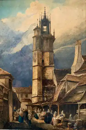 Jules Achille Noël - "Evreux, City view with Clocktower". verkocht voor € 175!