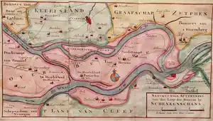 Isaac Tirion - Gelderland, Schenkenschans - Rivierloop Waal en Rijn - Oude Gravure 1740 verkocht voor € 40!