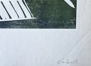 Ria Exel - Grote, omstreeks 1940 gemaakte olijfgroene houtsnede "de daken van Amsterdam" kopen? Bied vanaf 39!
