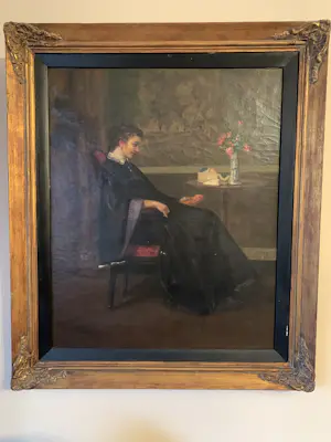 Alfred Stevens - Zittende dame bij tafeltje met bloemenvaasje interieur kopen? Bied vanaf 50!