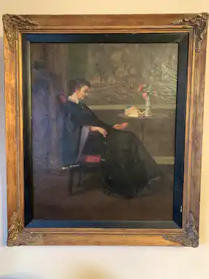 Alfred Stevens - Zittende dame bij tafeltje met bloemenvaasje interieur verkocht voor € 45!
