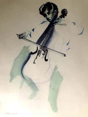Henk Fonville - Bassist - Aquarel, Ingelijst verkocht voor € 130!