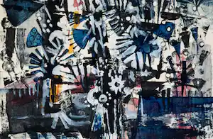 Klaas Boonstra - Gemengde techniek op papier, Abstracte compositie verkocht voor € 70!