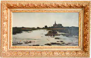 Jan Simon Knikker (sr.) - Poldervaart met visser bij avondschemering verkocht voor € 180!