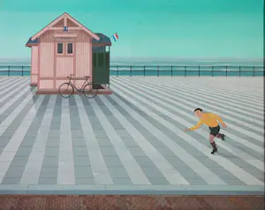Kees Balvers - Acryl op doek, Toilet met rolschaatser- Ingelijst kopen? Bied vanaf 80!