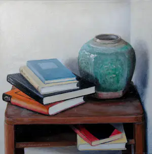 Dori Schoonderwoerd - Ingelijste olieverf op doek: Stilleven met gemberpot en boeken op tafel kopen? Bied vanaf 499!