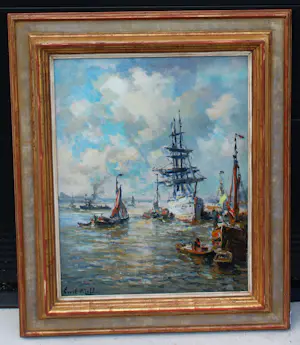 Evert Moll - Ingelijste maroufle (olieverf op doek op board): 3 master in haven kopen? Bied vanaf 699!