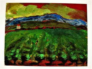 Niet of onleesbaar gesigneerd - Zinderende expressionistische Gouache "Boomgaard en huis" gesigneerd kopen? Bied vanaf 10!