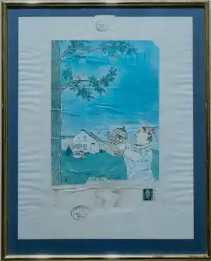 Viktor IV - Ingelijste gemengde techniek met collage: Vrouw met vogelkooi - 1991 verkocht voor € 199!