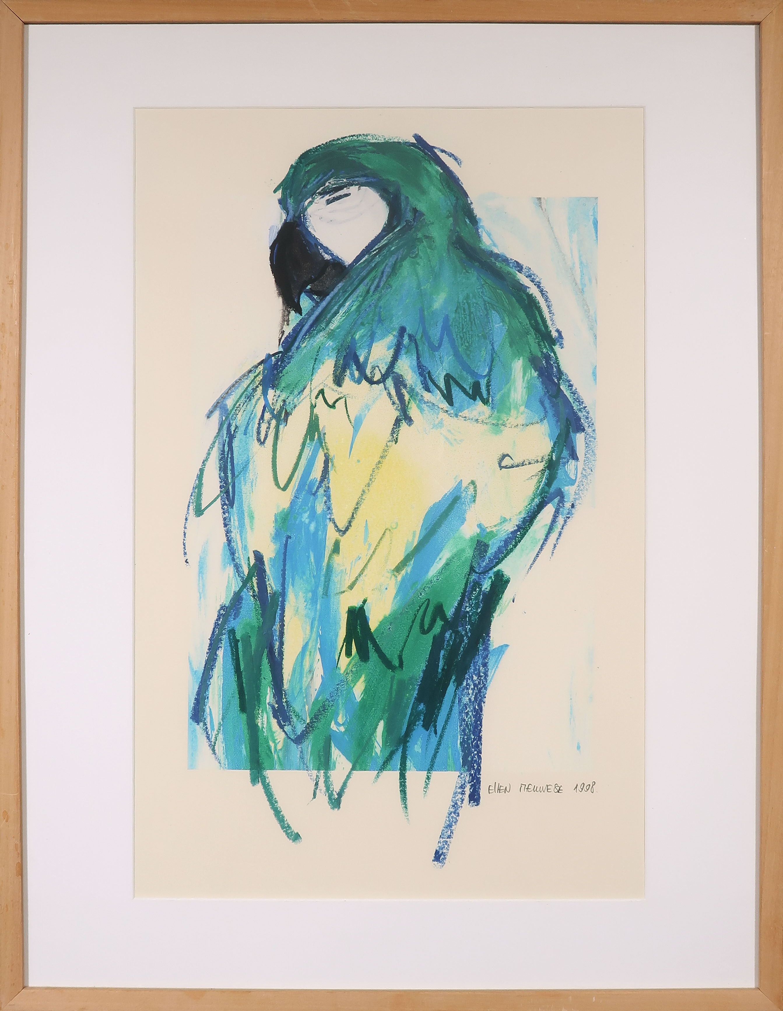 Ellen Meuwese - Gemengde techniek op papier, o.a. gouache en krijt, Papegaai - Ingelijst kopen? Bied vanaf 100!