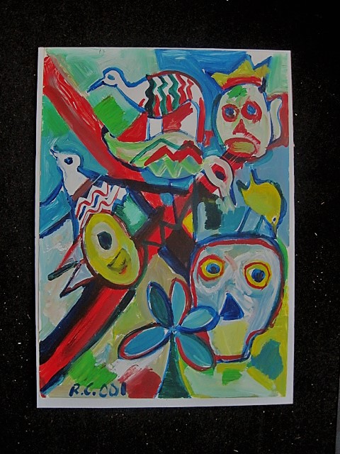 Ruud Cornelisse - Krachtige post CoBrA Gouache "Vogels met hoofden" 2001 gesigneerd verkocht voor € 62!