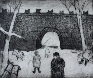 Jeanne Bieruma Oosting - Ets: 'Een winter in Rusland', Brug bij het Kremlin - 1970 kopen? Bied vanaf 250!