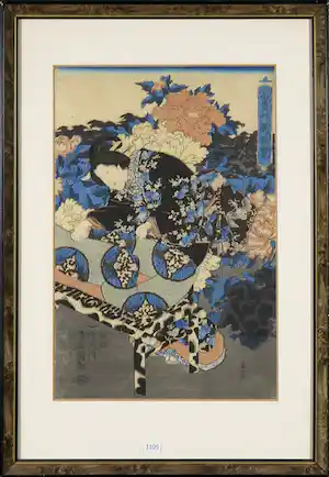 Kunisada Utagawa - Houtdruk, Fukigusa sono no yuran - Ingelijst verkocht voor € 200!