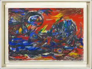 Klaas Boonstra - Olieverf op board, Abstracte voorstelling in rood, blauw en geel - Ingelijst verkocht voor € 50!