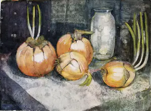 Janny Tollenaar - Aquarel stilleven met uien en pot kopen? Bied vanaf 29!